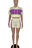 Purple Fashion Spliced Casual Hoodies Shorts Sets ML7220-1