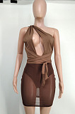 Khaki Euramerican Sexy Net Yarn Perspctive Slim Fitting Dress A8609-2