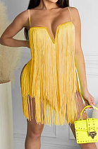 Orange Yellow Fashion Sexy Sling Tassel Strapless Mini Dress SZS8085-3