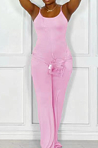 Pink Night Club Sexy Pure Color Loose Sling Jumpsuits QSS51025-3