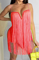 Pink Red Fashion Sexy Sling Tassel Strapless Mini Dress SZS8085-1