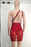Wine Red Euramerican Sexy Net Yarn Perspctive Slim Fitting Dress A8609-4