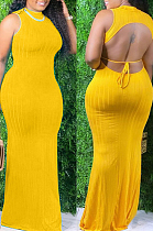 Yellow Summer Sexy Pure Color Pit Bar Backless Long Dress KSN8090-2