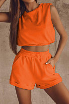 Orange Women Trendy Sport Casual Pure Color Vest Shorts Sets ML7446-3