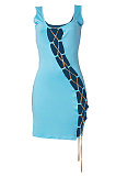 Blue Women Sexy Condole Belt Chain Cross Mini Dress MA6704-5
