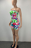 Green Women Fashion Bodycon Printing Off Shoulder Boob Tube Top Romper Shorts ML7449-3
