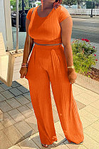 Orange Women Pit Bar Pure Color Casual Pants Sets JR3635-3