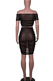 Black Women Net Yarn Package Hip Skirt A Word Shoulder Top Two-Pieces MA6711