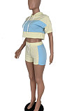 Light Blue Fashion Spliced Casual Hoodies Shorts Sets ML7220-3