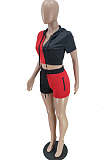 Red Hoodie Pocket Zipper Dew Waist Top Shorts Sports Sets QC8009-1