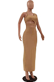 Brown Fashion Pure Color Hole Random Backless Tank Long Skirts Two Piece LSZ91173-1