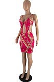 Rose Red Fashion Sexy Hollow Out Printing Sling Dress YZL851-1
