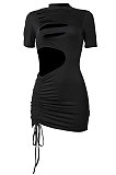 Black Women Sexy Hollow Out Pure Color Short Sleeve Mini Dress MA6716