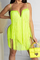 Neon Green Fashion Sexy Sling Tassel Strapless Mini Dress SZS8085-2