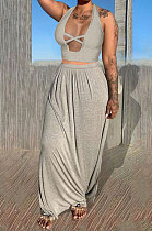 Gray Euramerican Women Pure Color Loose Sexy Top Skirts Sets JR3637-3