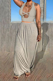 Gray Euramerican Women Pure Color Loose Sexy Top Skirts Sets JR3637-3