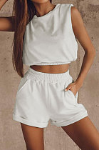 White Women Trendy Sport Casual Pure Color Vest Shorts Sets ML7446-2