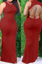 Red Summer Sexy Pure Color Pit Bar Backless Long Dress KSN8090-3