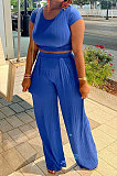 Blue Women Pit Bar Pure Color Casual Pants Sets JR3635-1