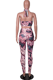 Rose Red Sexy Digital Printing Hurnt Flower Hole Strapless Halter Neck Fashion Two Piece SZS8086-1