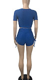 Blue Women Trendy Sport Sexy Elastic Force Drawsting Shorts Sets ML7447-1