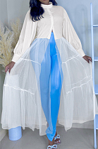 White Summer Loose Waist Net Yarn Spliced Long Sleeve Long Dress QY5072-3