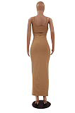 Brown Fashion Pure Color Hole Random Backless Tank Long Skirts Two Piece LSZ91173-1