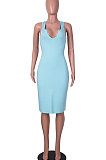 Blue Women Trendy Pure Color Sexy Mini Dress MA6710-4