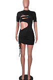 Black Women Sexy Hollow Out Pure Color Short Sleeve Mini Dress MA6716
