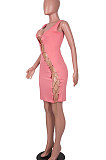 Pink Women Sexy Condole Belt Chain Cross Mini Dress MA6704-1