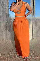 Orange Euramerican Women Pure Color Loose Sexy Top Skirts Sets JR3637-2