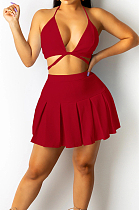 Wine Red Serxy Sling Halter Neck Strapless Fashion Skirts Sets SZS8080-3