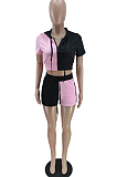 Pink  Hoodie Pocket Zipper Dew Waist Top Shorts Sports Sets QC8009-3