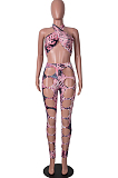 Rose Red Sexy Digital Printing Hurnt Flower Hole Strapless Halter Neck Fashion Two Piece SZS8086-1