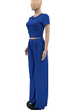 Blue Women Pit Bar Pure Color Casual Pants Sets JR3635-1