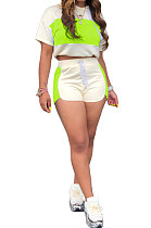Neon Green Fashion Spliced Casual Hoodies Shorts Sets ML7220-5