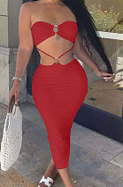 Red Women Pure Color Dew Waist Backless Sexy Trendy Midi Dress AMN8020-2