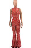 Red Fashion Casual Totem Printing Flare Pant Two Piece H1501-3