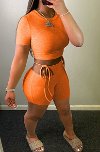Orange Fashion Pit Bar Round Neck Short Sleeve Shorts Two Piece WJ5225-2
