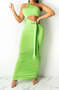 Neon Green From Shoulder Strapless Bowkont Dew Abdominal Sleeveless Fashion Dress SZS8107-3