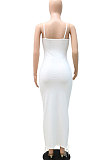 White Pit Bar Ribbon Pure Color Tight Condole Belt Long Dress YF9089-1
