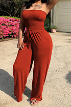 Red Women Pure Color Boob Tube Top Wide Leg Jumpsuits AD0605-2
