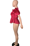 Rose Red Summer Maiden Wind Flounce Hem Spliced Short Sleeve Tops QY5073-1