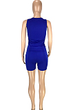 Royal Blue Fashion Casual Round Neck Collect Wasit Bind Slim Fitting Short Sleeve Shorts Sports Sets SM9195-1