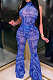 Blue Fashion Casual Totem Printing Flare Pant Two Piece H1501-1
