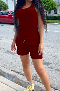 Wine Red  Fashion Casual Round Neck Collect Wasit Bind Slim Fitting Short Sleeve Shorts Sports Sets SM9195-2