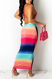 Red Digiral Printing Contrast Color Sexy Sling Back Cross Bodycon Dress SZS8108-1