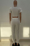 White Women Pure Color Casual Cute Agaric Edge Pants Sets AMW8325-1