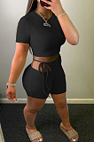 Black Fashion Pit Bar Round Neck Short Sleeve Shorts Two Piece WJ5225-3