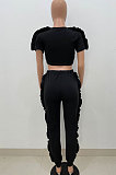 Black Women Pure Color Casual Cute Agaric Edge Pants Sets AMW8325-3